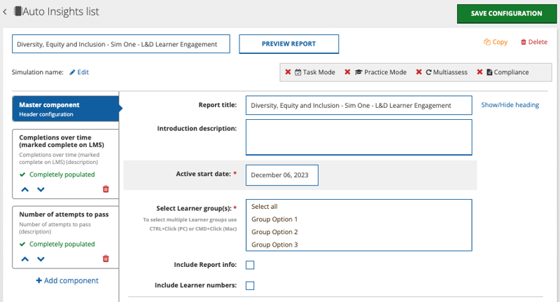 Component-based configuration of Auto Insights