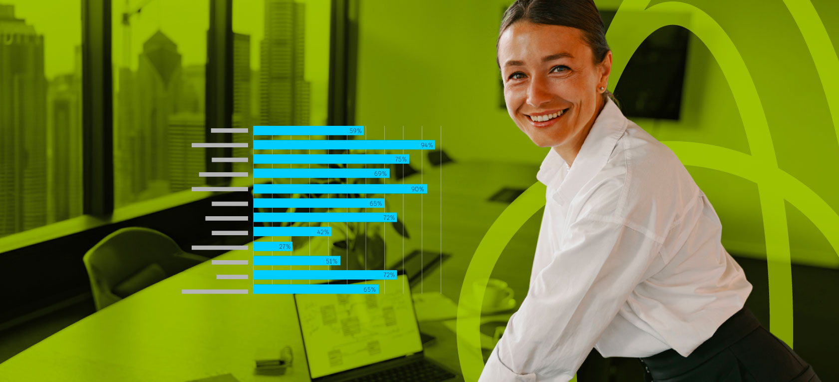 A smiling female employee completed the skill-testing business simulation