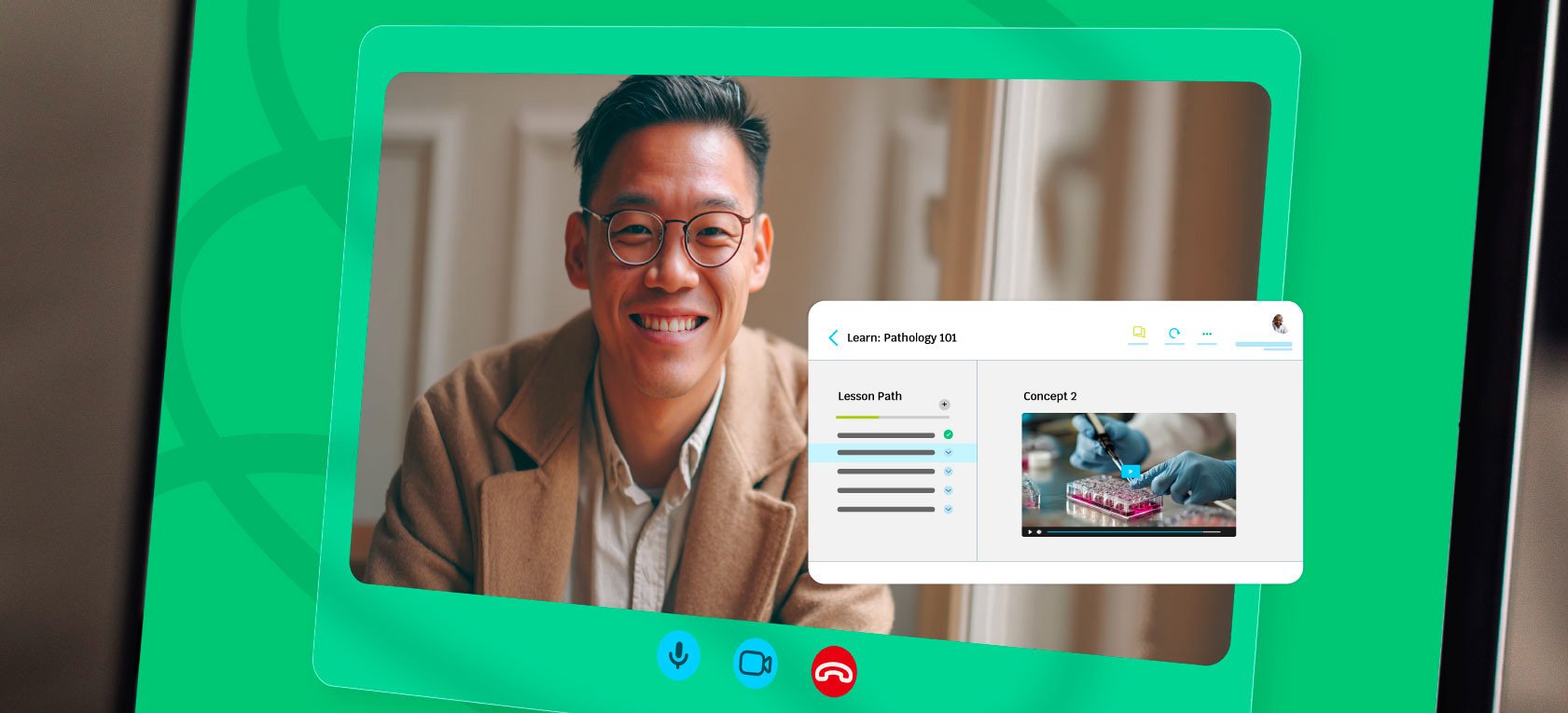 Laptop screen showing lesson paths within a realistic business simulation