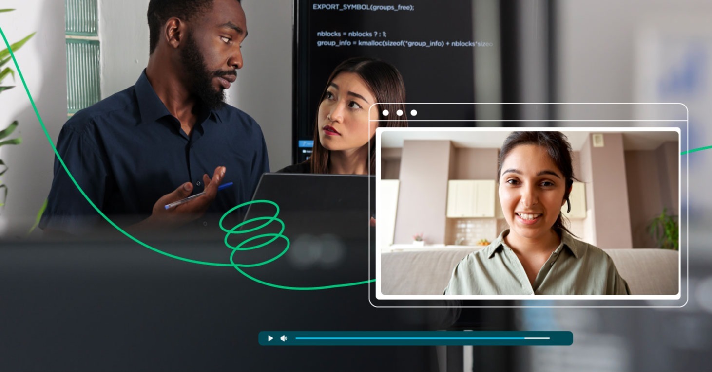 Three professionals discussing skill learning platforms during a virtual meeting