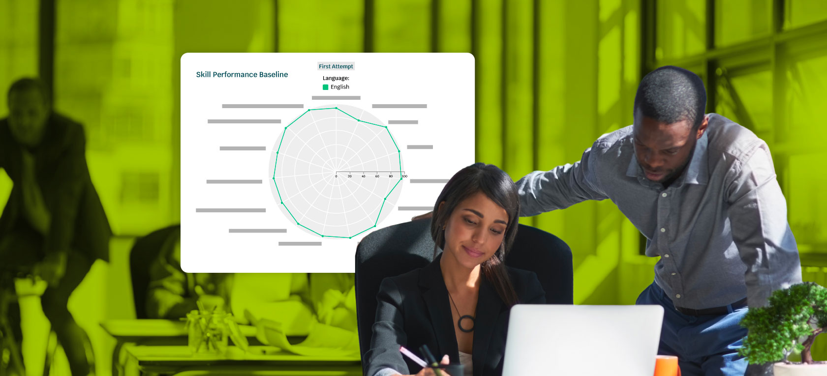 Two L&D professionals reviewing business simulation examples