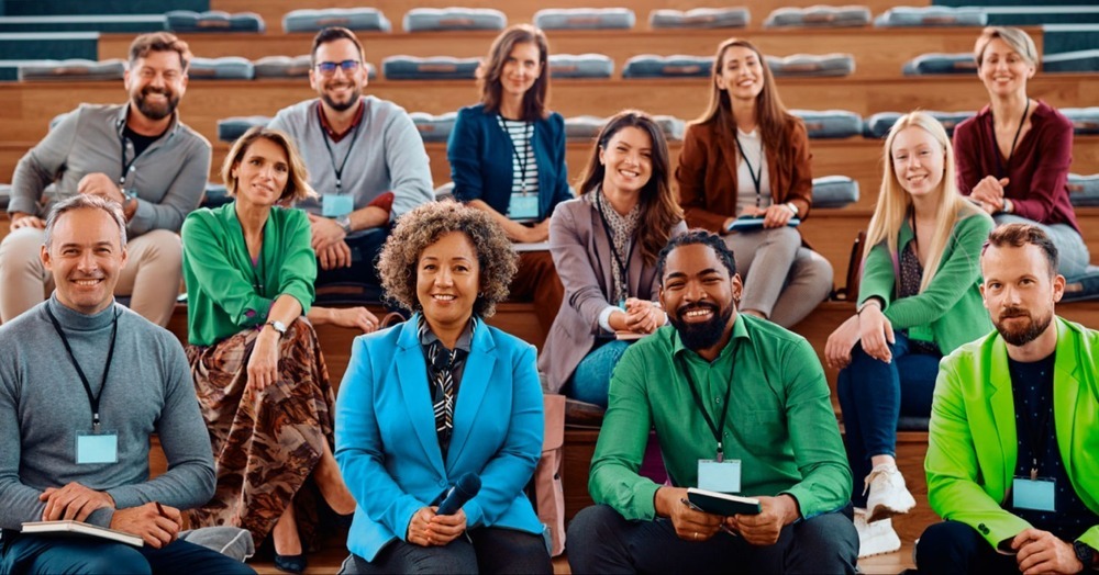 A group of managers smiling while listening to a presentation on different types of simulations