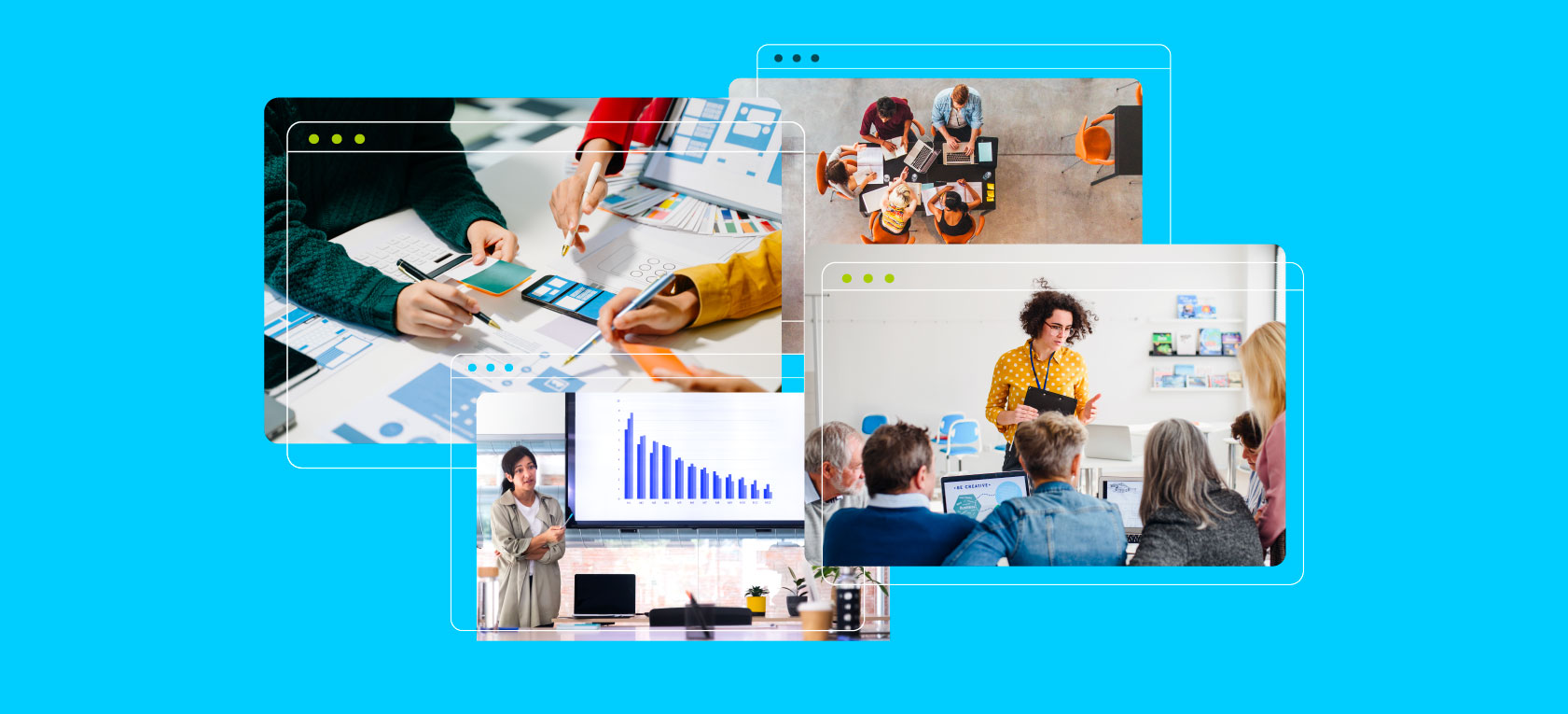 A few screens showing a team working on the business simulation software project