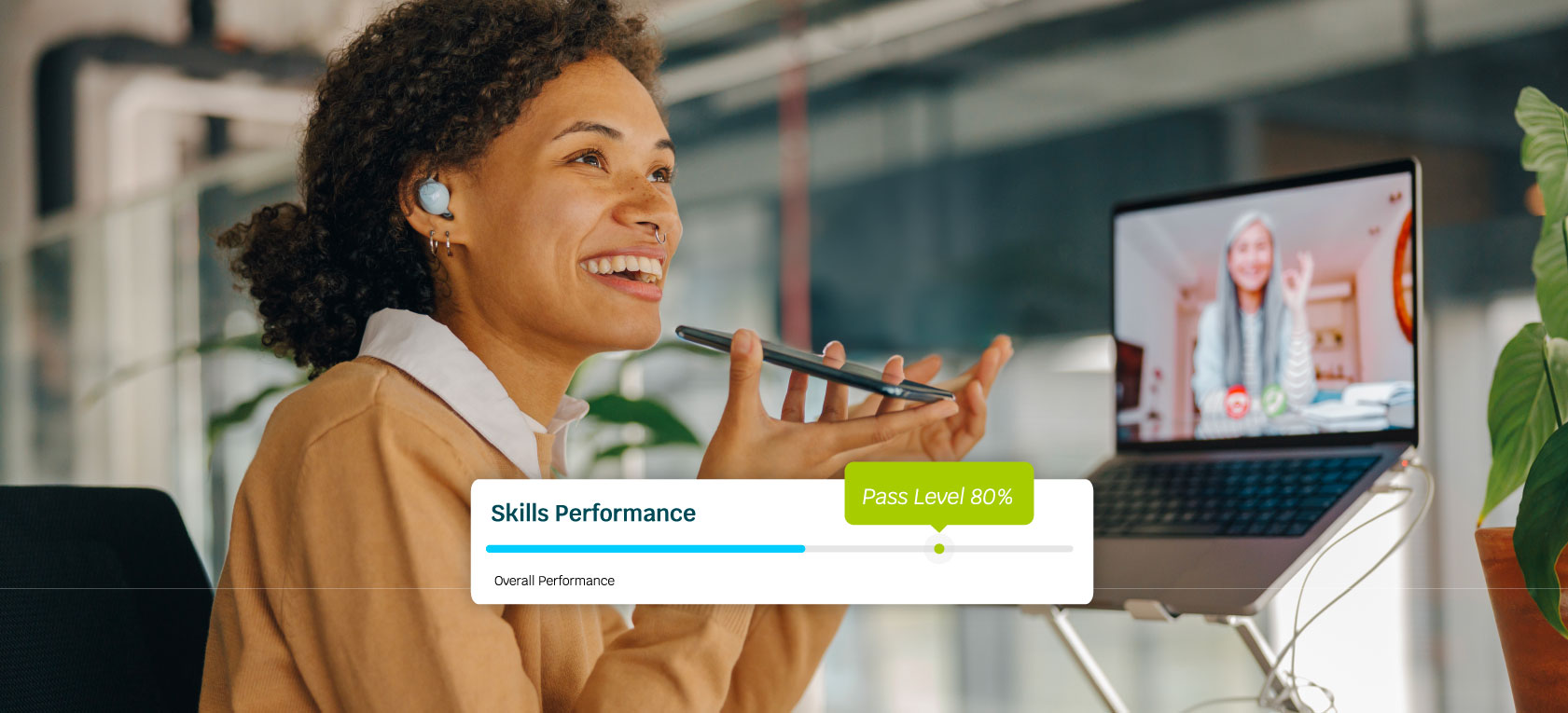 A female employee using a simulation software to evaluate skills performance