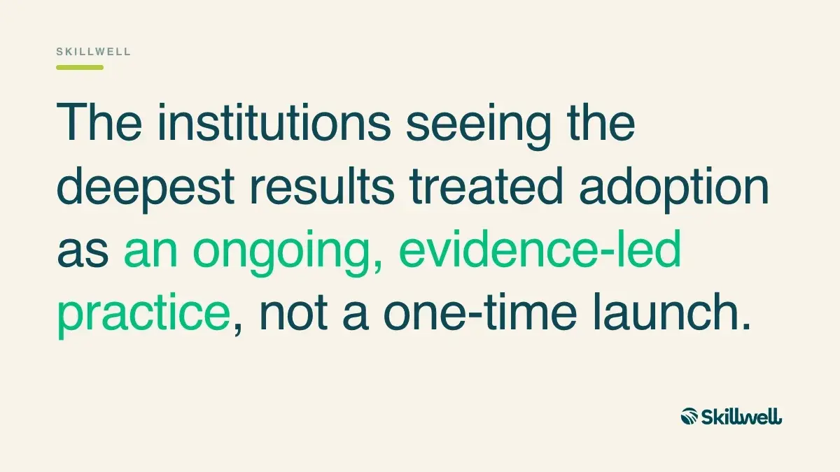 Pull quote: The institutions seeing the deepest results treated adoption as an ongoing, evidence-led practice, not a one-time launch.