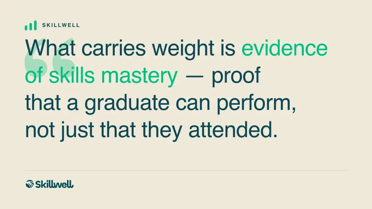 Pull quote: What carries weight is evidence of skills mastery — proof that a graduate can perform, not just that they attended.