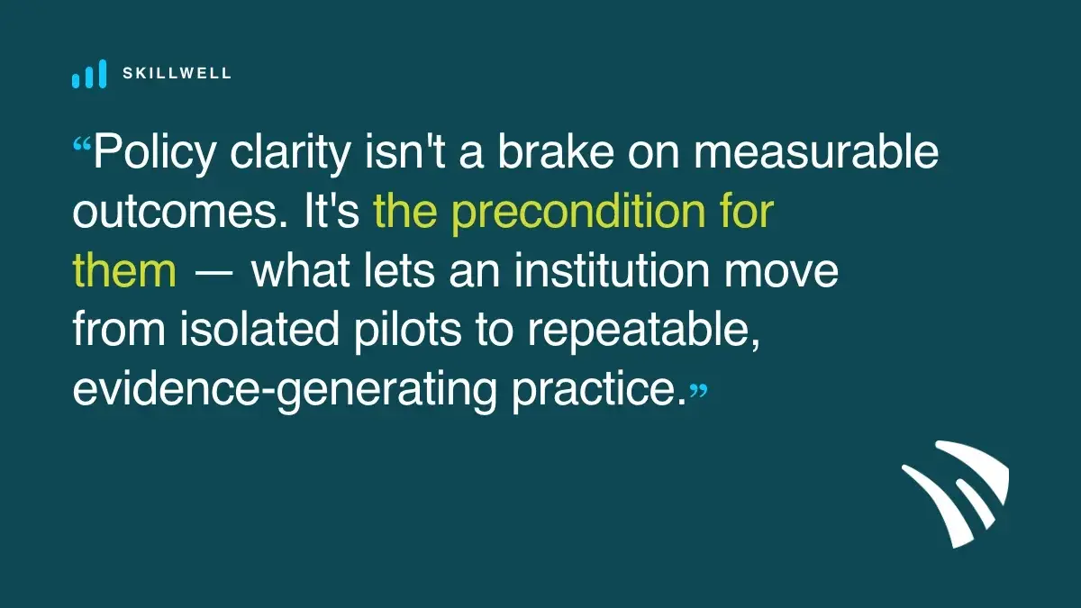Pull quote: Policy clarity isn't a brake on measurable outcomes. It's the precondition for them — what lets an institution move from isolated pilots to repeatable, evidence-generating practice.