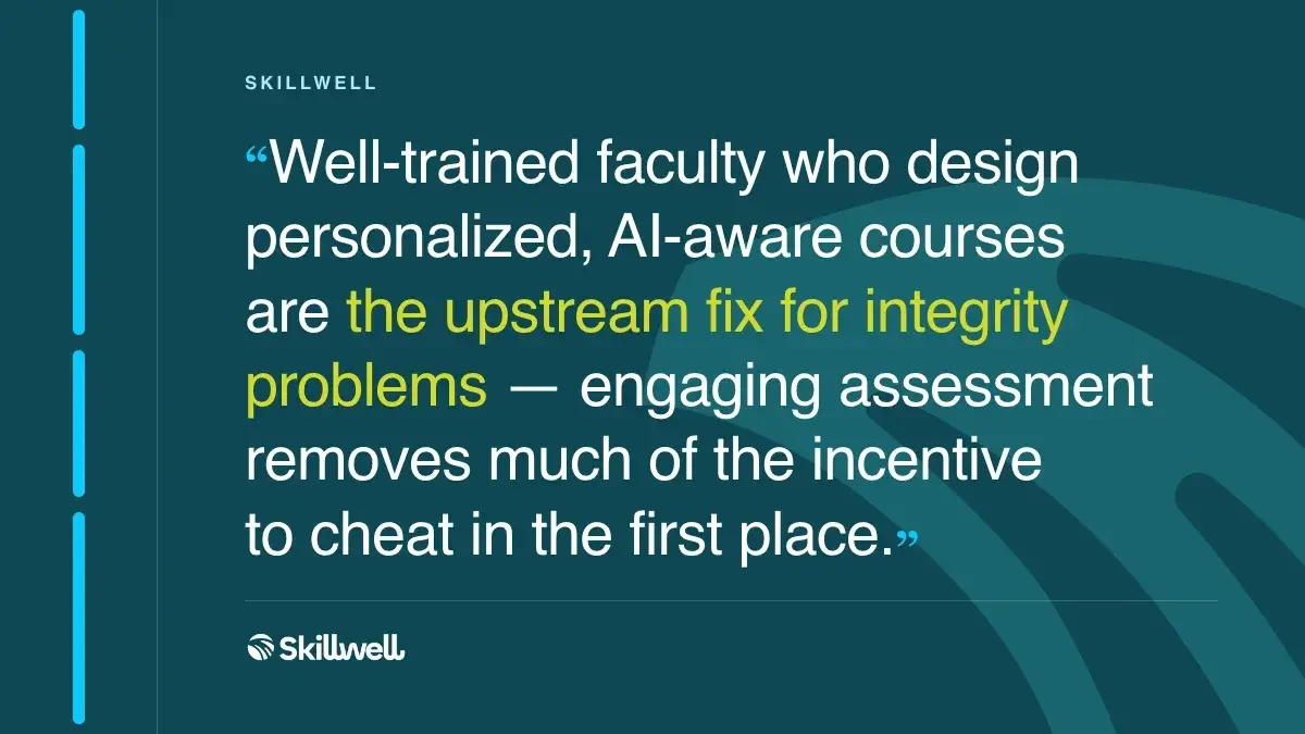 Pull quote: Well-trained faculty who design personalized, AI-aware courses are the upstream fix for integrity problems — engaging assessment removes much of the incentive to cheat in the first place.